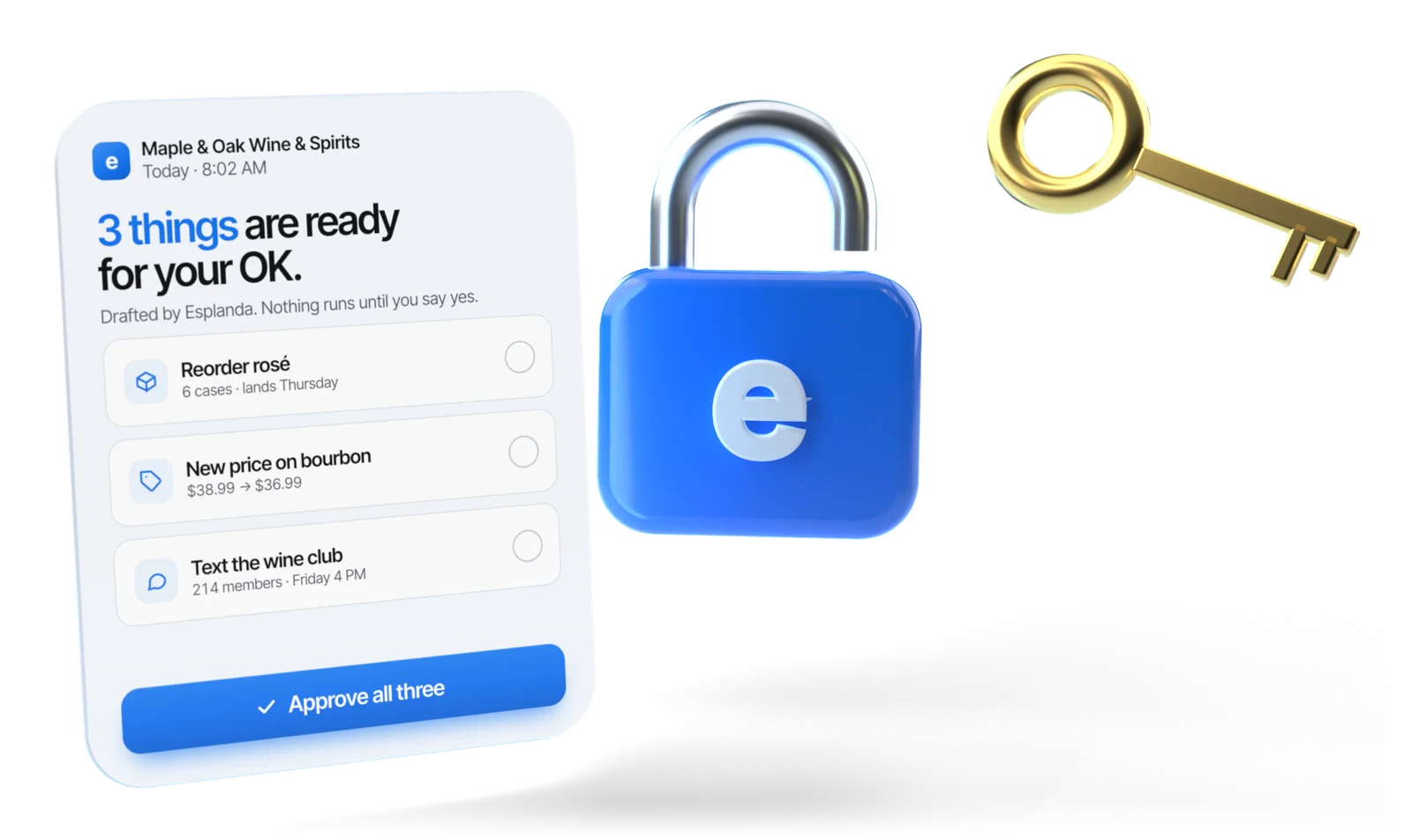 A card from a fictional store reading 3 things are ready for your OK, with an Approve all three button, beside a blue 3D padlock marked with the Esplanda e and a gold key