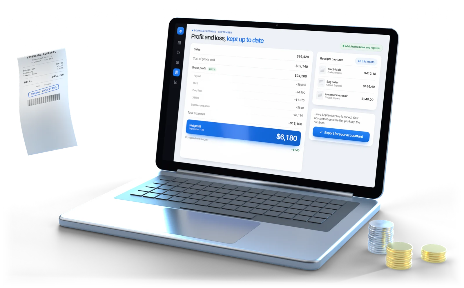 A laptop showing an Esplanda profit and loss statement kept up to date, beside a paper receipt and a stack of coins