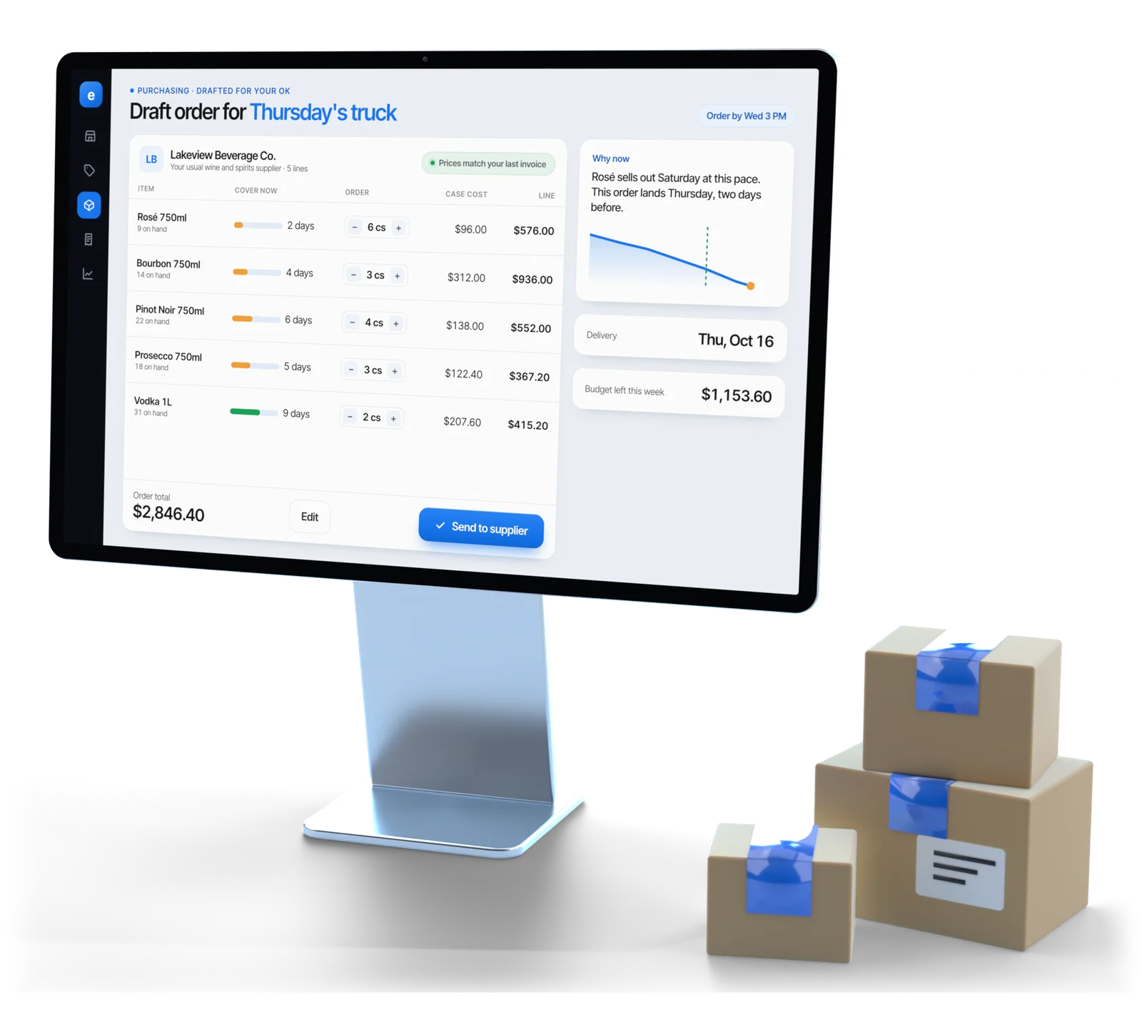 A monitor showing an Esplanda draft order for Thursday's delivery truck with a Send to supplier button, beside stacked delivery boxes