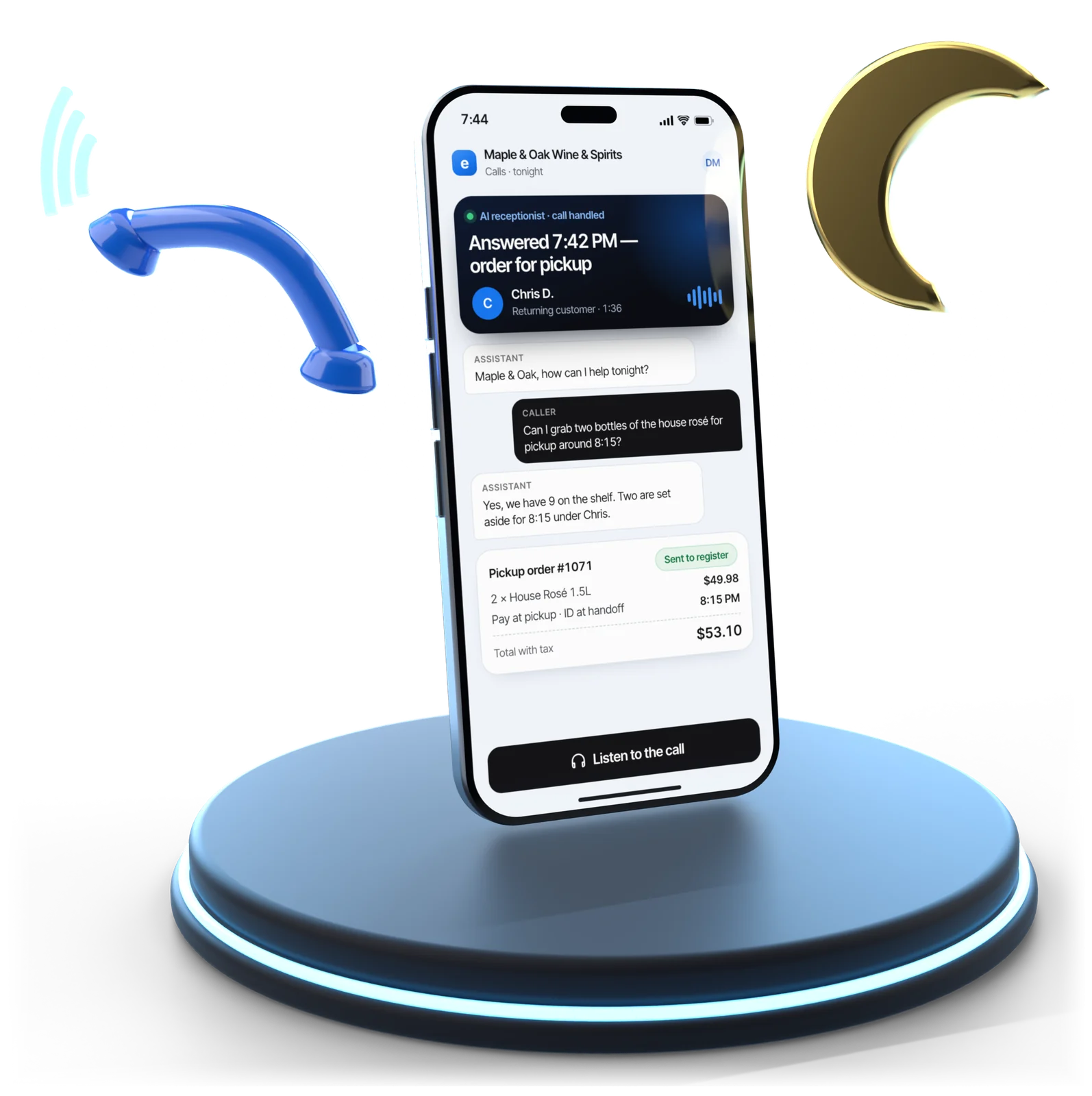 A phone showing a call answered at 7:42 PM, its transcript and a pickup order sent to the register, next to a phone handset and a crescent moon
