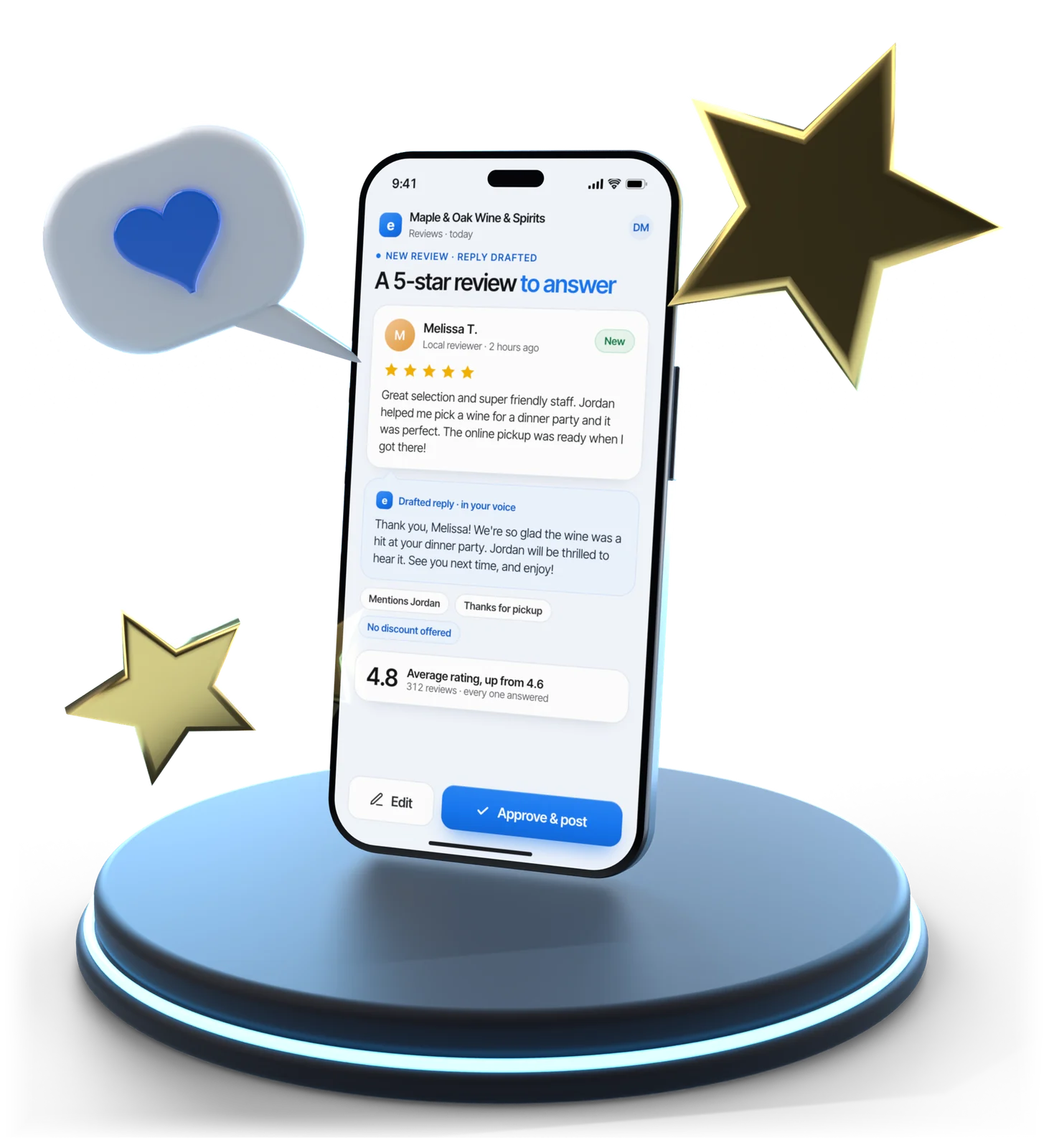 A phone showing a new five-star review with a drafted reply and an Approve and post button, next to two gold stars and a heart speech bubble