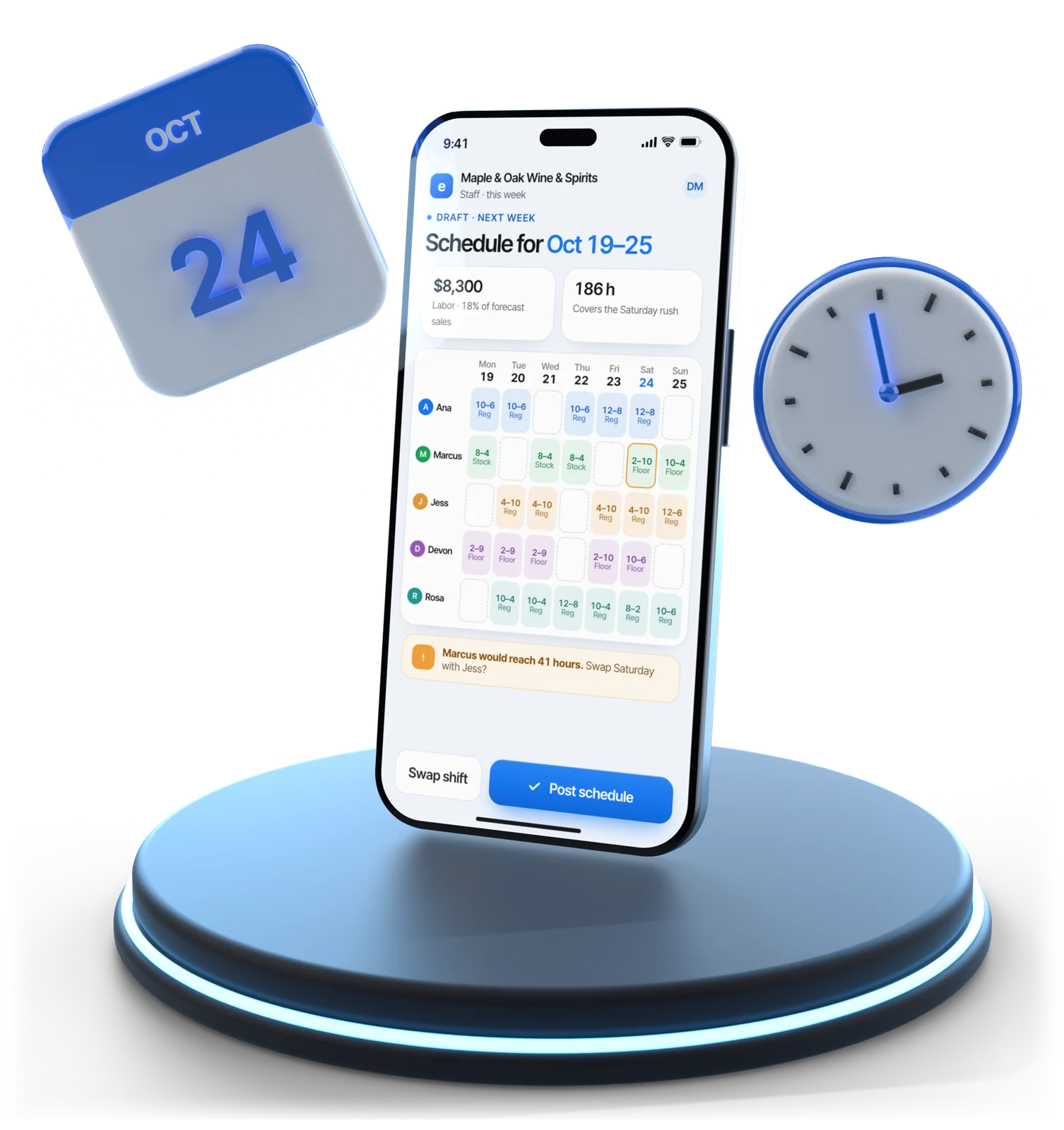 A phone on a lit stand showing an Esplanda staff schedule for one week in October, with hours, labor cost and a Post schedule button, beside a 3D calendar and a clock