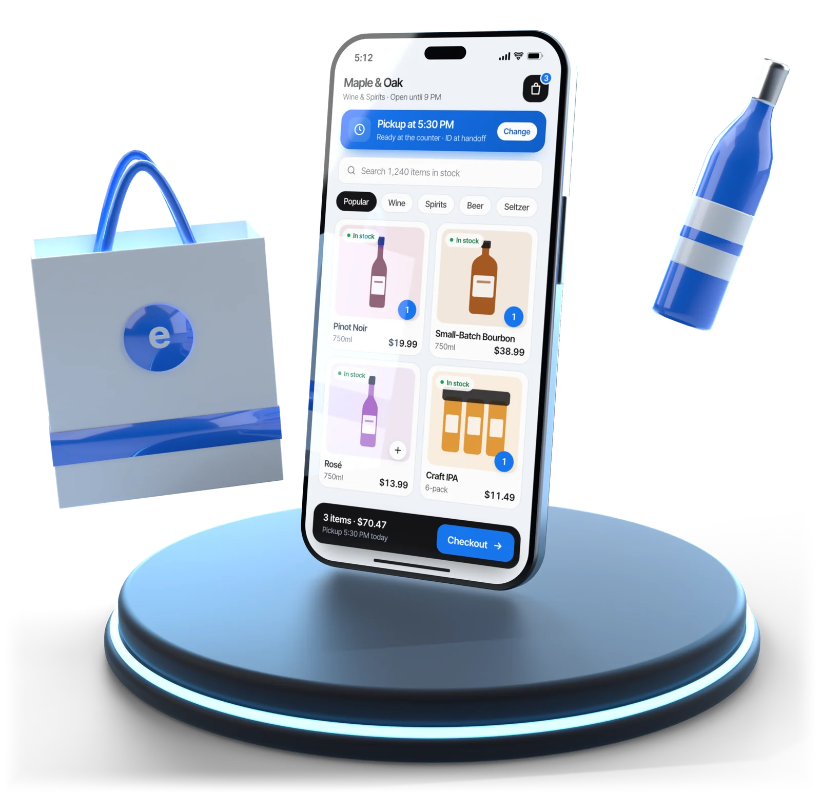 A phone showing a liquor store's online shop with pickup at 5:30 PM, in-stock bottles and a three-item cart, next to a shopping bag and a wine bottle