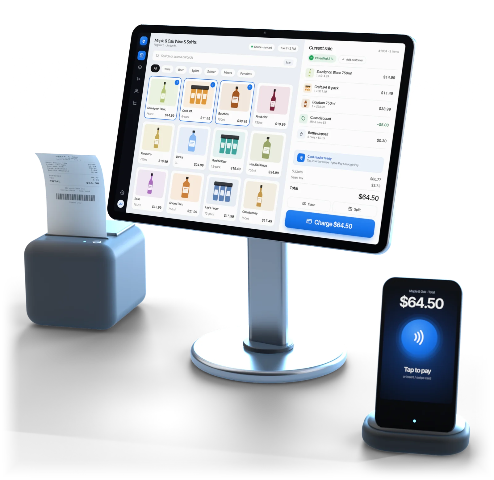 Esplanda POS register on a stand ringing a liquor store sale, with a receipt printer and a tap-to-pay card reader