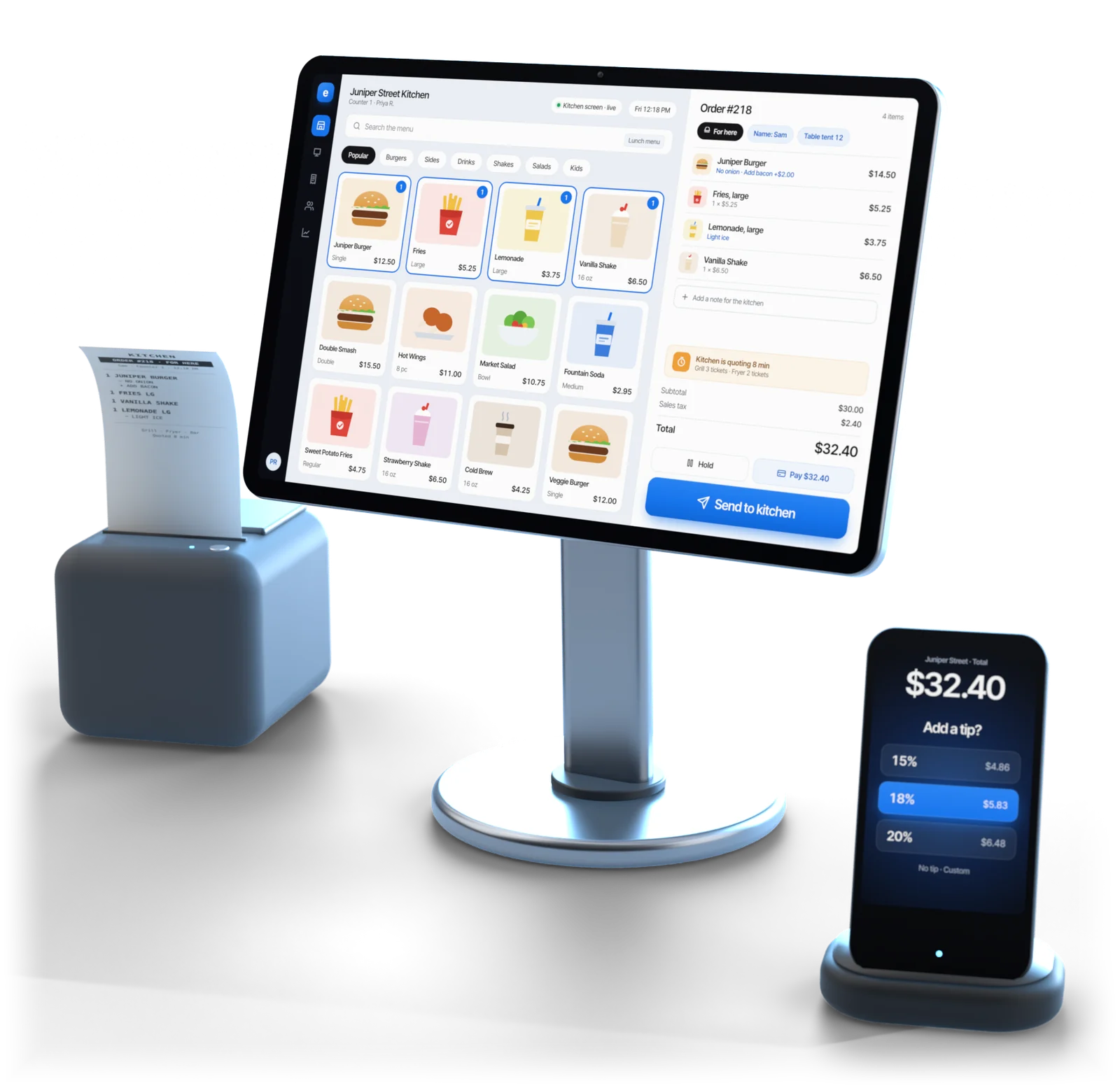 A counter POS showing a restaurant menu and an order sent to the kitchen, with a kitchen ticket printing and a tip screen on the card reader