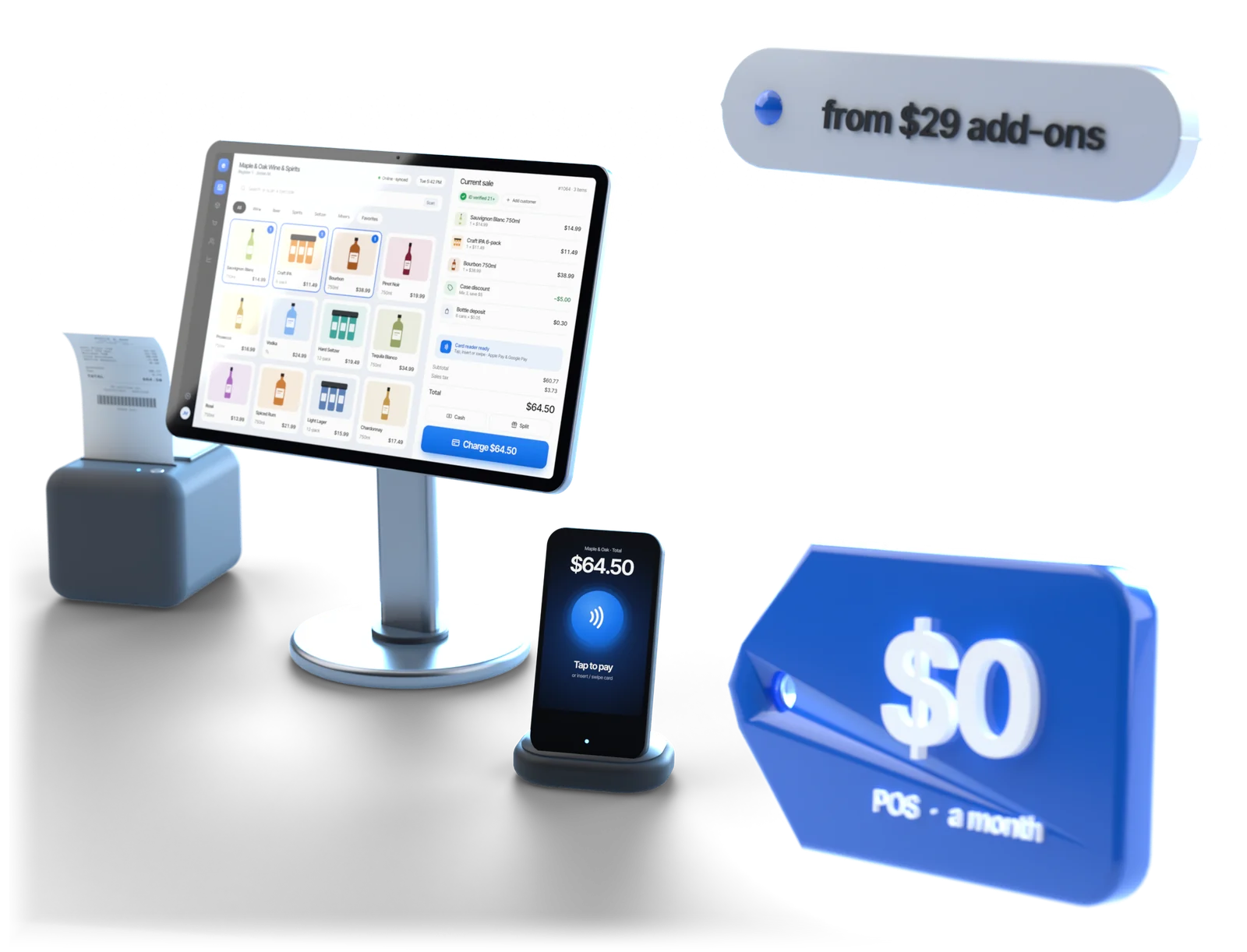 A 3D Esplanda register for a fictional store with a receipt printer and card reader, a large blue tag reading $0 POS a month, and a chip reading from $29 add-ons