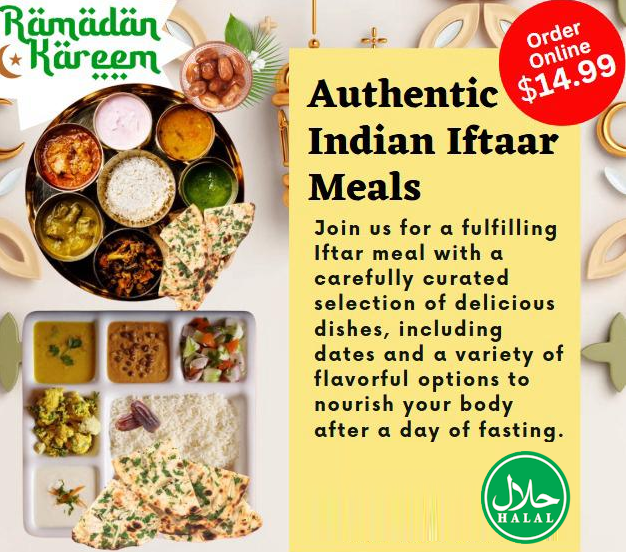 Authentic Indian Iftar meal with a variety of flavorful dishes including rice, curries, naan, dates, and chutneys, served in a traditional thali, available for online order during Ramadan